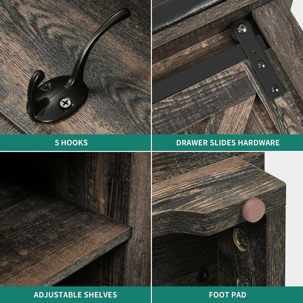 Dark Rustic Oak Hall Tree with Shoe Bench and Coat Rack Storage Bench Cabinet Z266