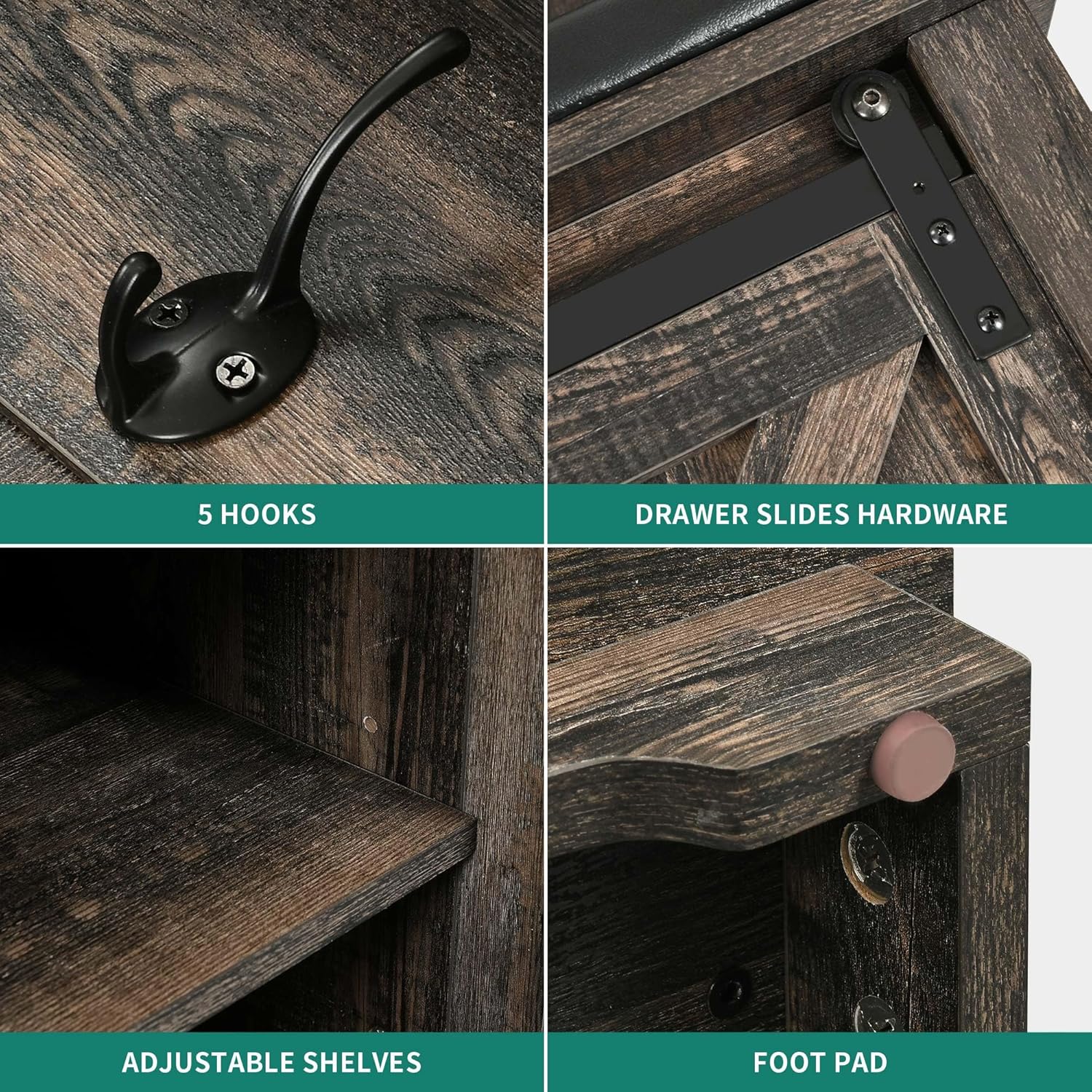 Dark Rustic Oak Hall Tree with Shoe Bench and Coat Rack Storage Bench Cabinet Z266