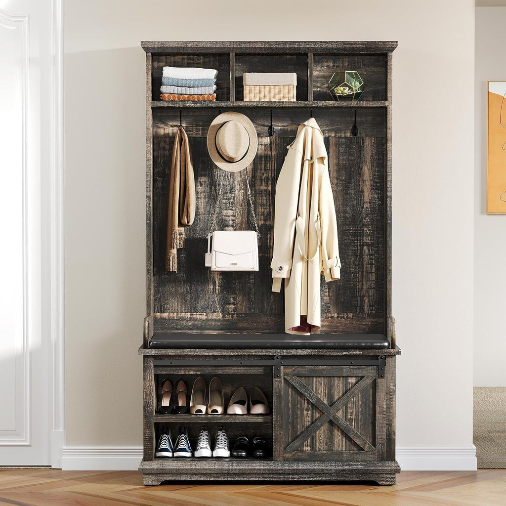Dark Rustic Oak Hall Tree with Shoe Bench and Coat Rack Storage Bench Cabinet Z266