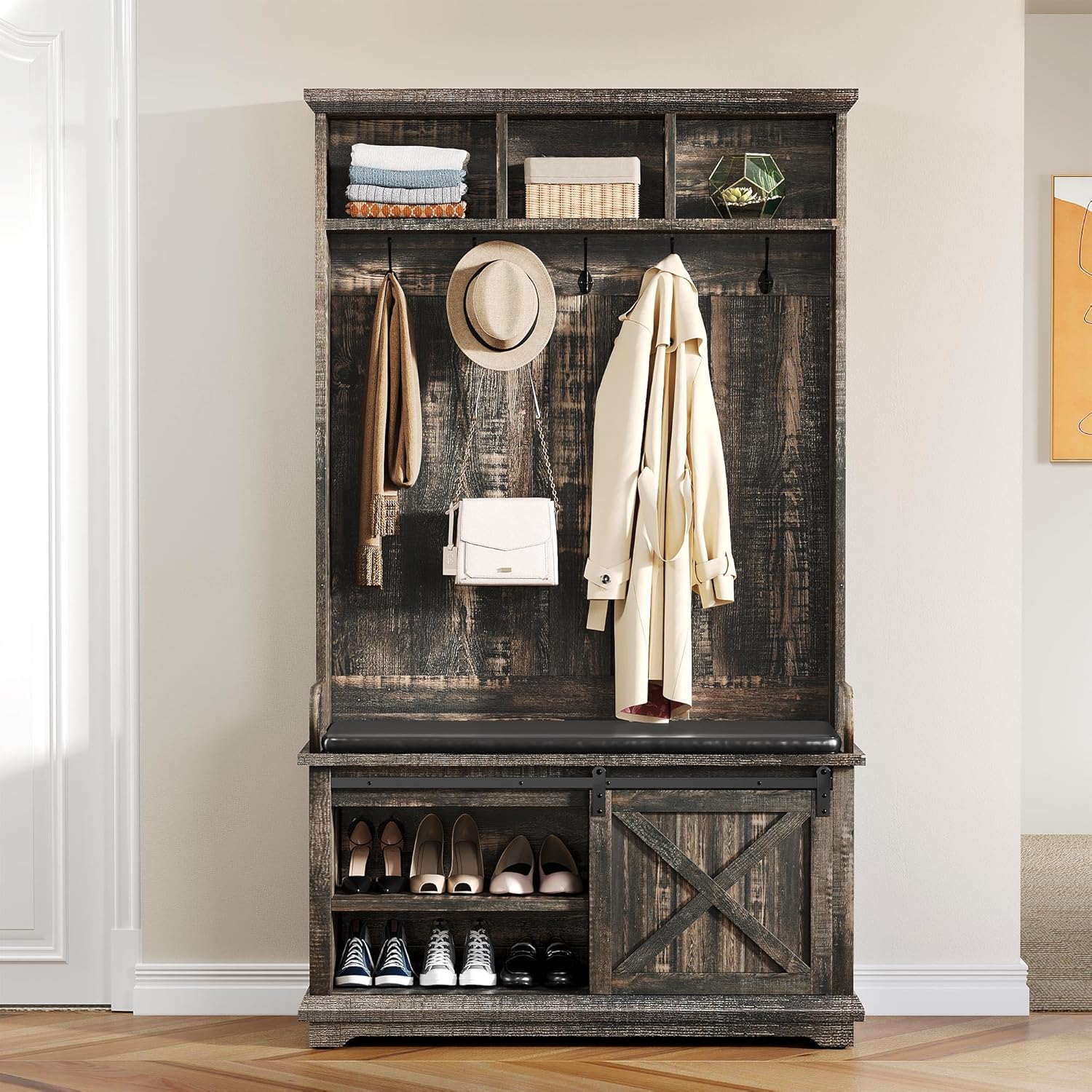 Dark Rustic Oak Hall Tree with Shoe Bench and Coat Rack Storage Bench Cabinet Z266