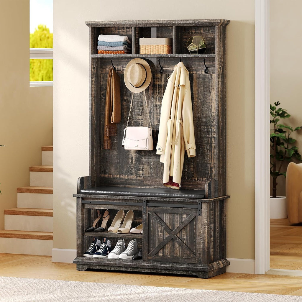 Dark Rustic Oak Hall Tree with Shoe Bench and Coat Rack Storage Bench Cabinet Z266
