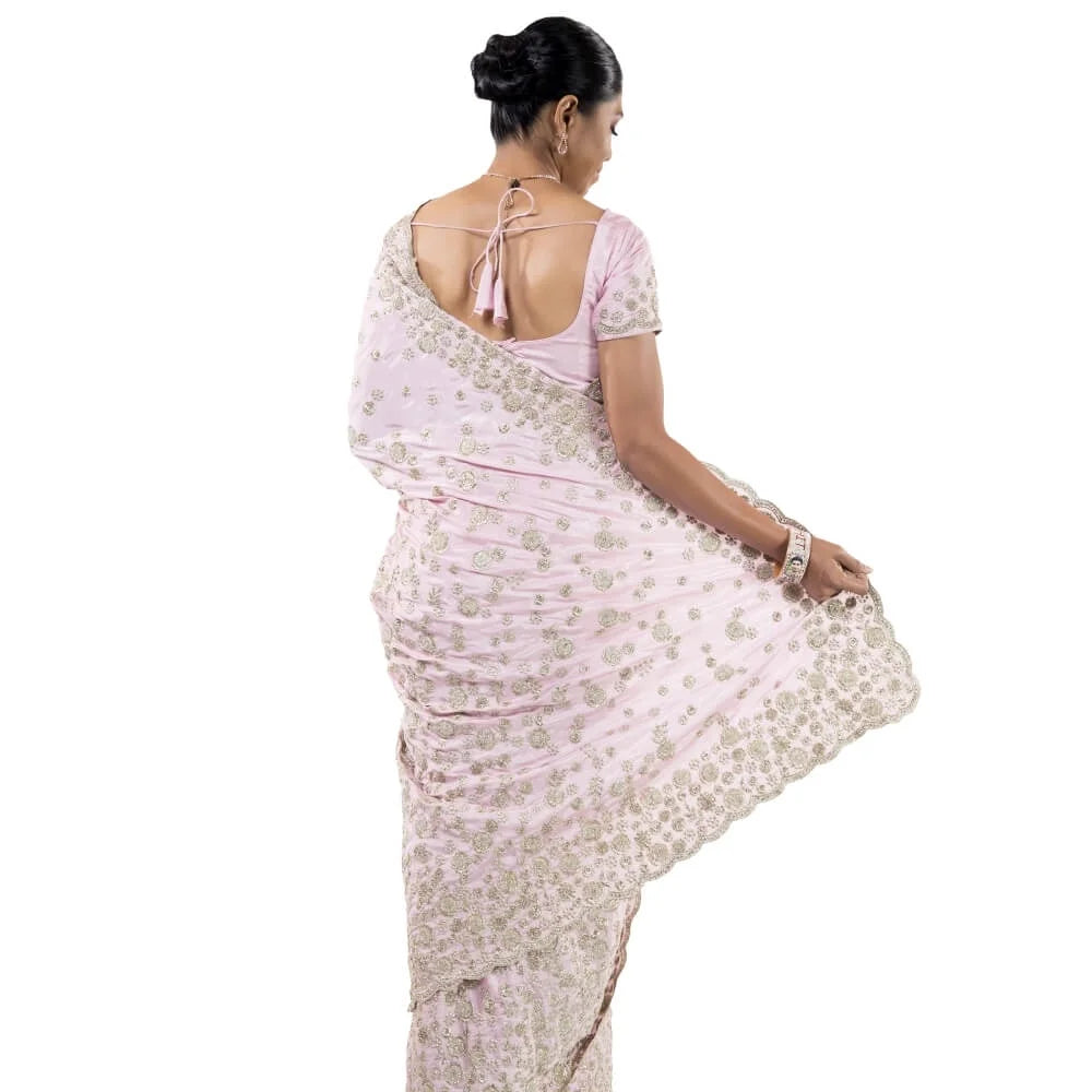 Pink Satin Silk Saree with Bead Work Embroidery X302