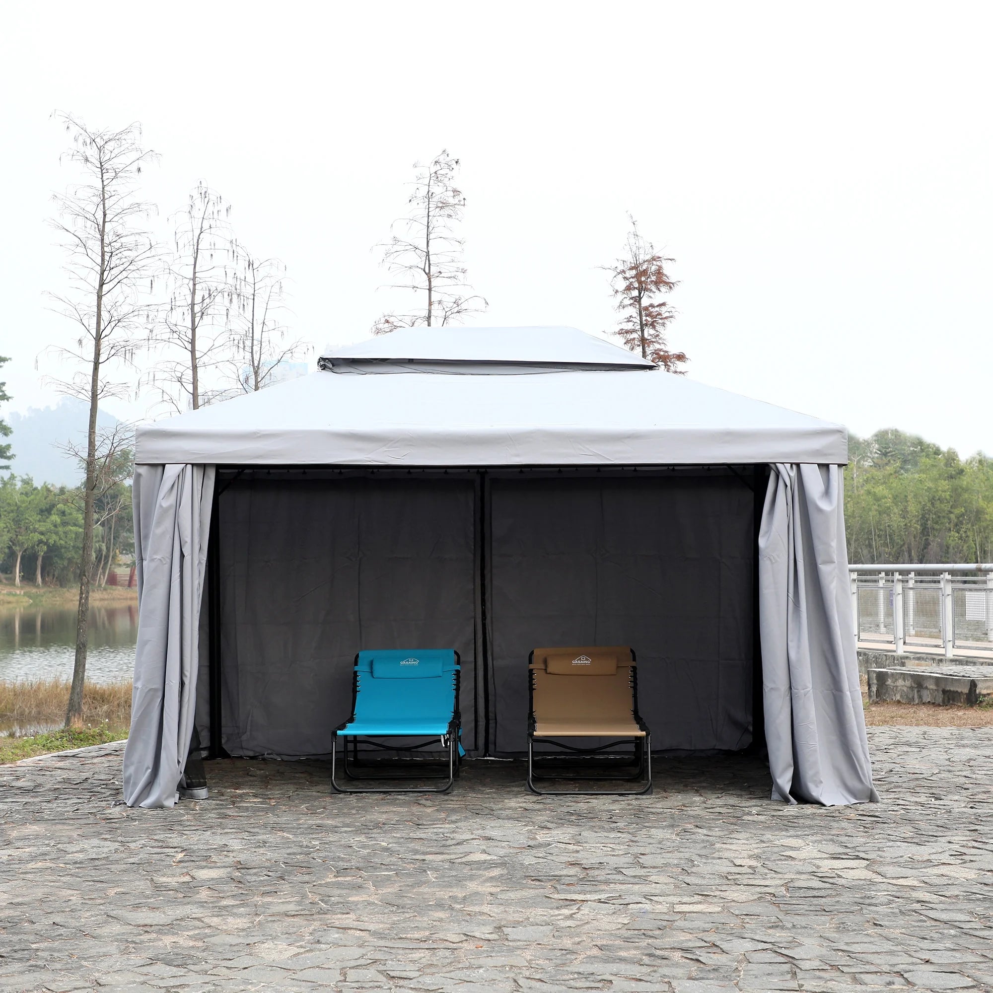 10'x13' Outdoor Double Vent Canopy Gazebo with Nettings and Curtains D701
