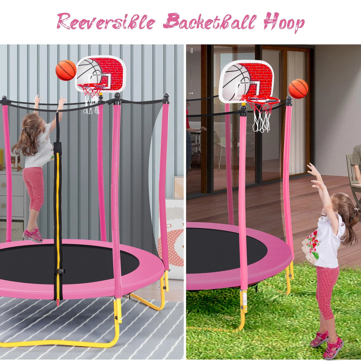 Pink Round Mini Toddler Trampoline with Enclosure and Basketball Hoop K67051