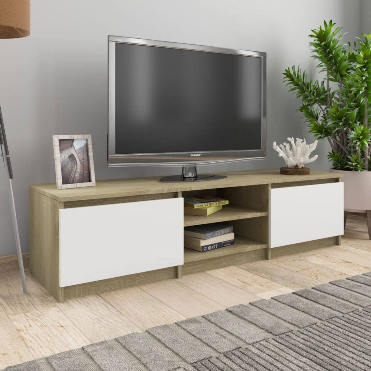 White and Sonoma Oak TV Cabinet Chipboard I382954