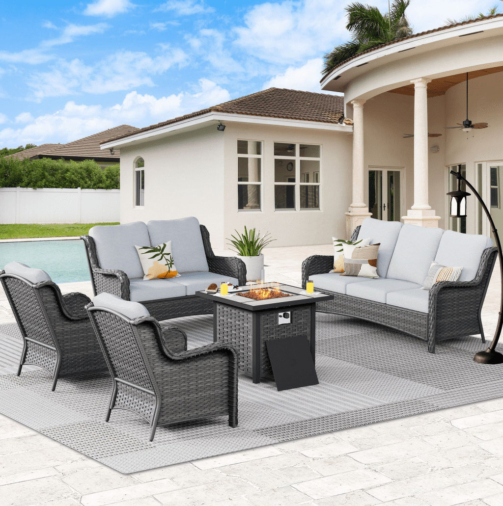 5 Pieces Outdoor Patio Sectional Sofa with Fire Pit Table U214888