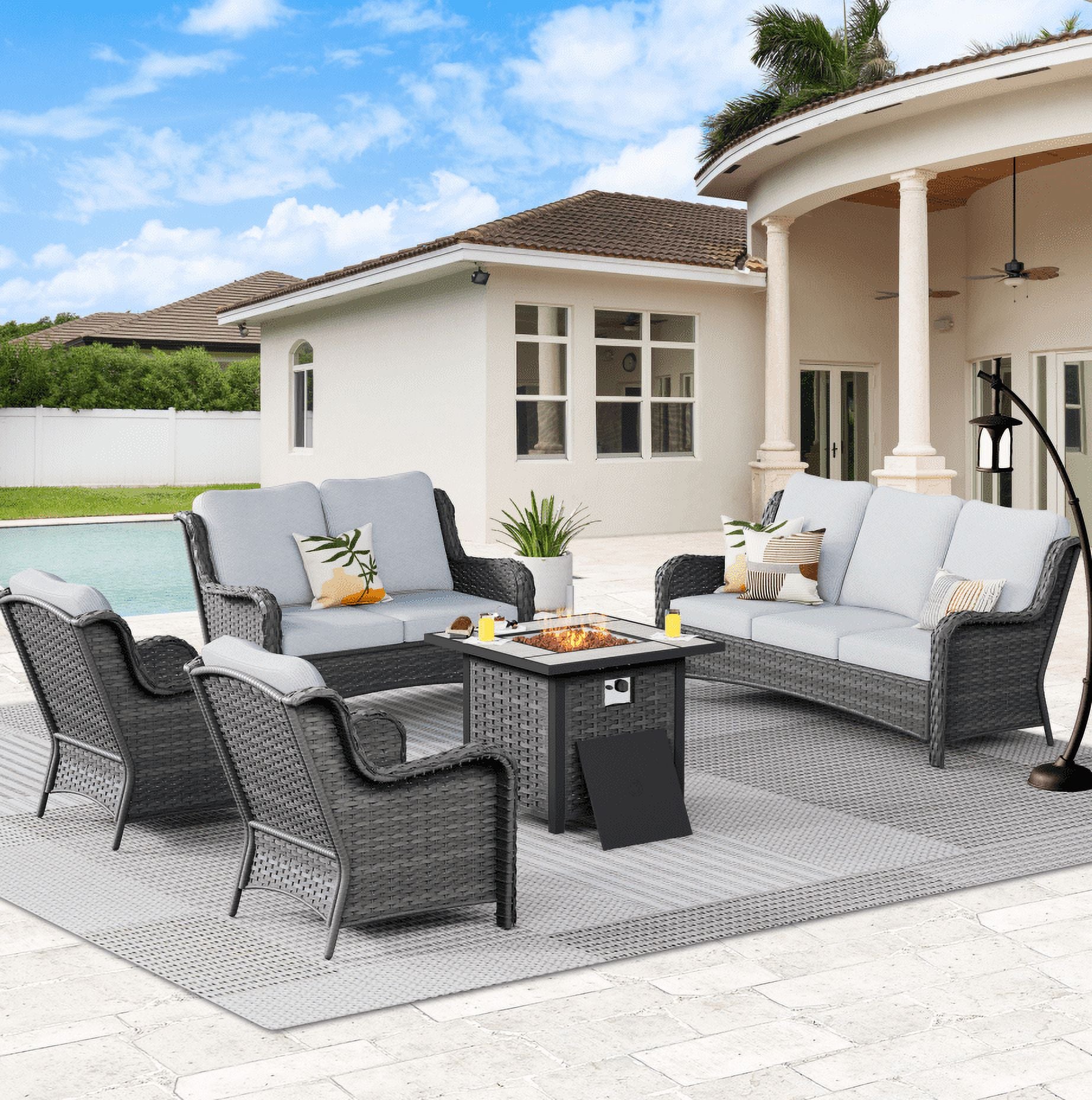5 Pieces Outdoor Patio Sectional Sofa with Fire Pit Table U214888