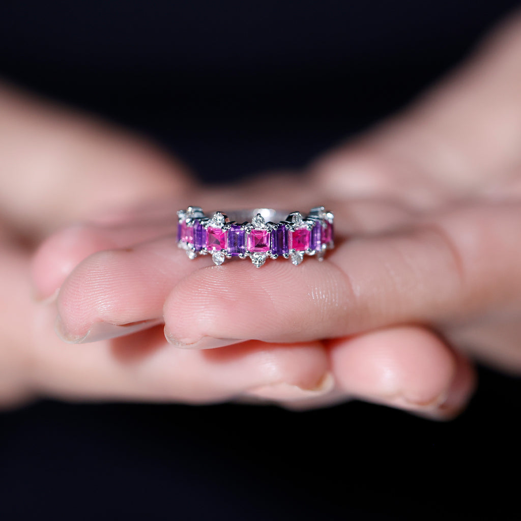 14K White Gold Pink Sapphire and Amethyst Ring with Diamond Y870