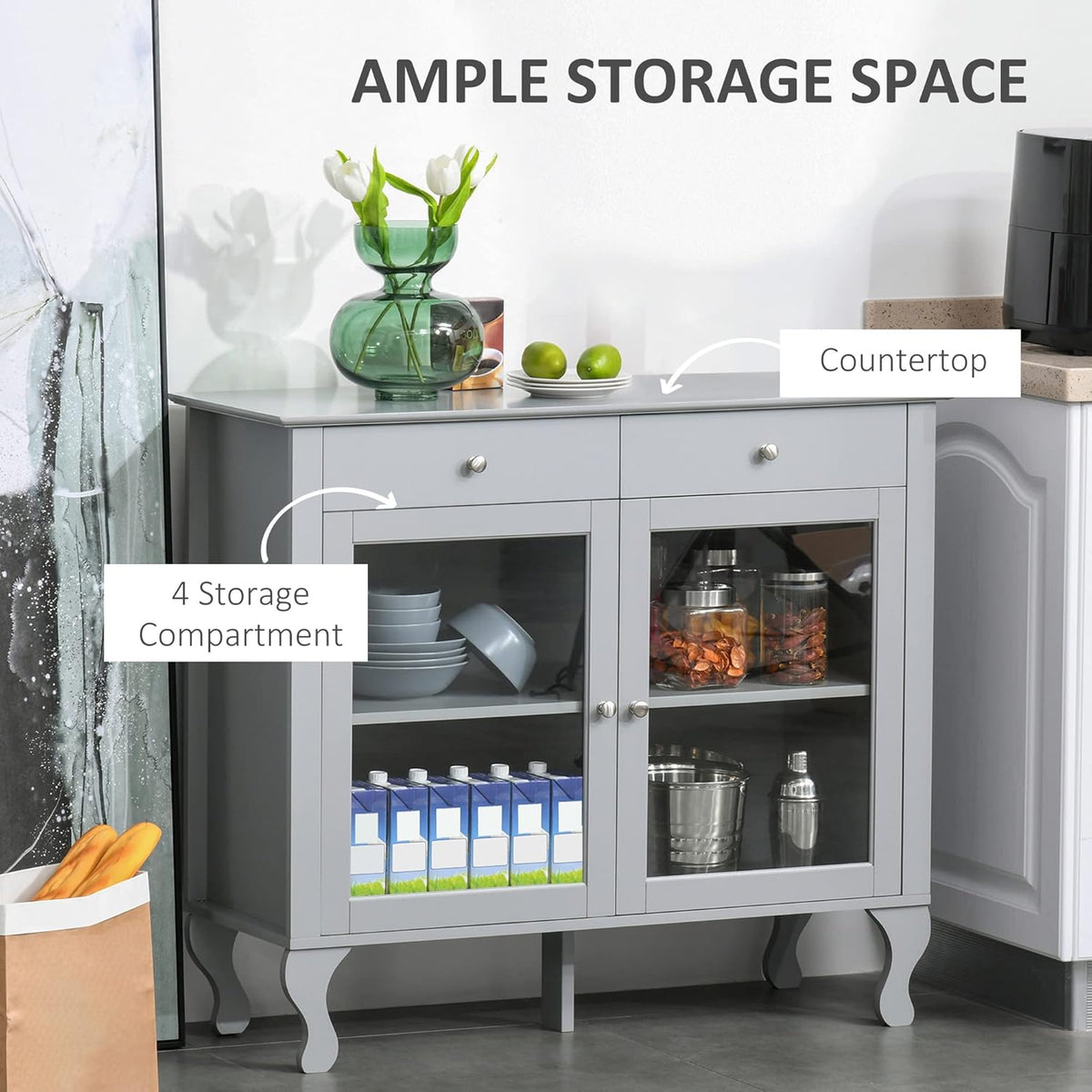 Retro Style Kitchen Sideboard Buffet Storage Cabinet with Glass Doors and Drawers K856