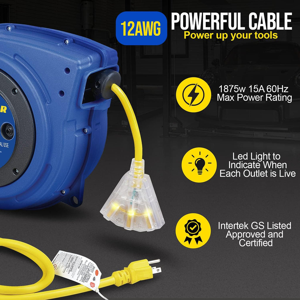 Extension Cord Reels 12AWG 40 FT SJTOW Cable with LED Light-Up Tap S738