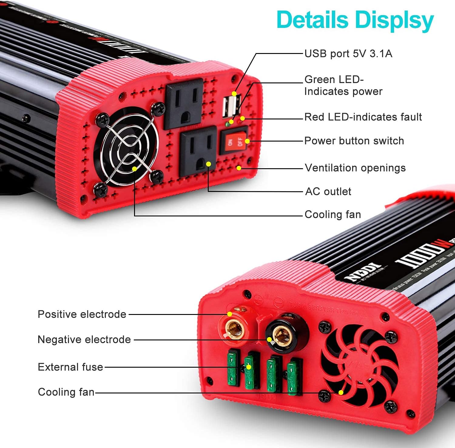 1000W Car Power Inverter 12V DC to 110V AC Converter Dual AC Outlets 3.1A USB Port Pack of 2 V7834