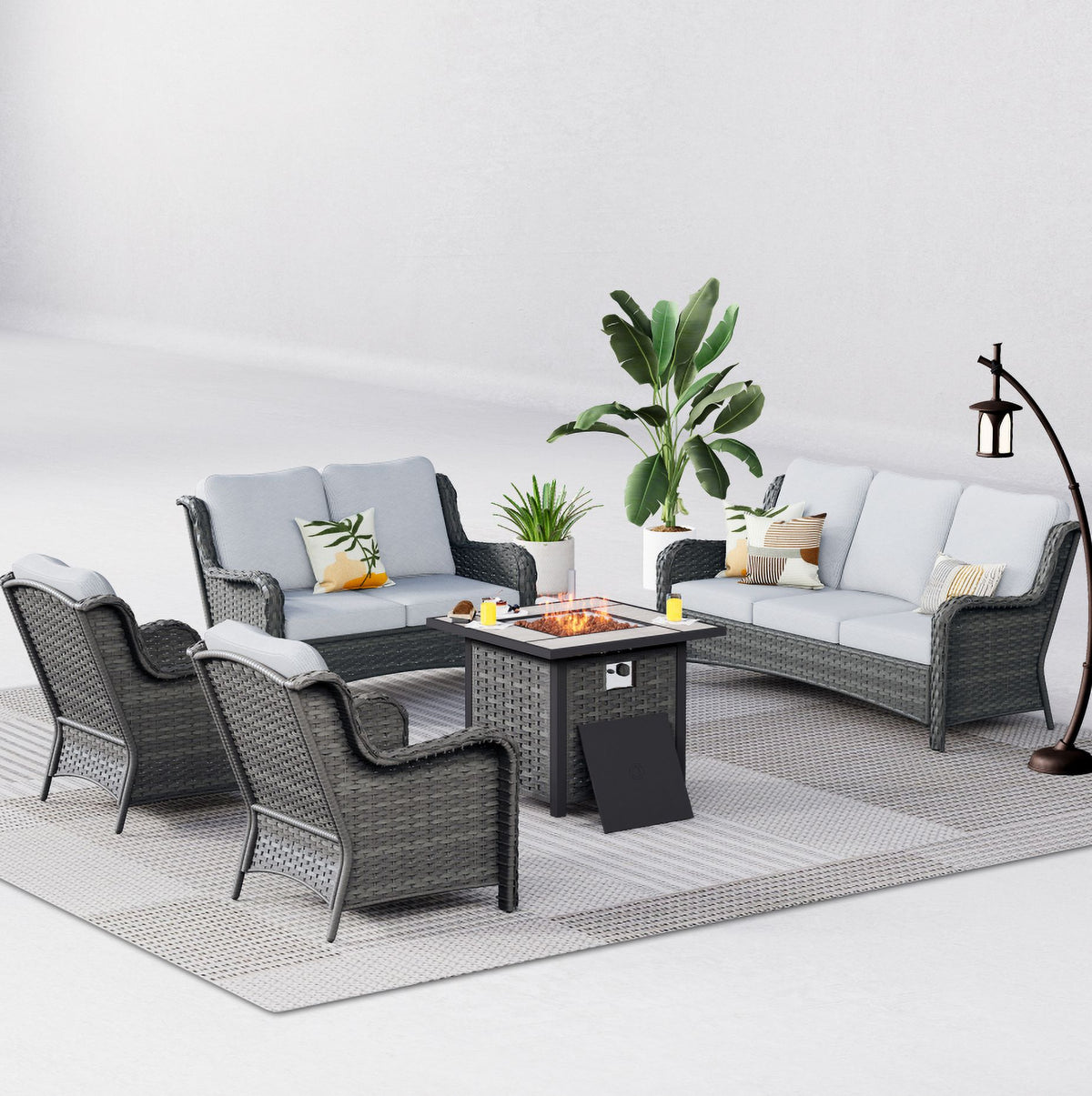 5 Pieces Outdoor Patio Sectional Sofa with Fire Pit Table U214888