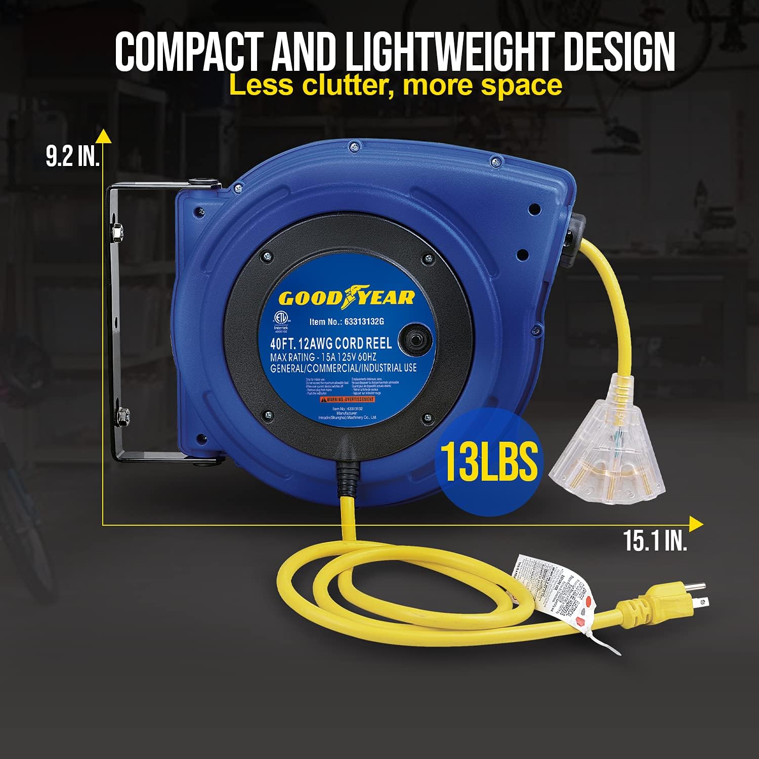 Extension Cord Reels 12AWG 40 FT SJTOW Cable with LED Light-Up Tap S738