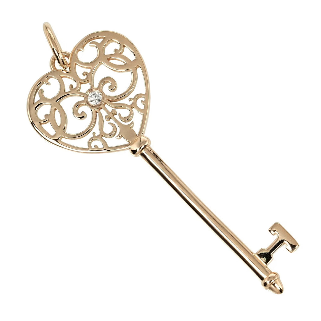 Tiffany Enchanted Heart Key Pendant Pink Gold Diamond 3.43g A435699