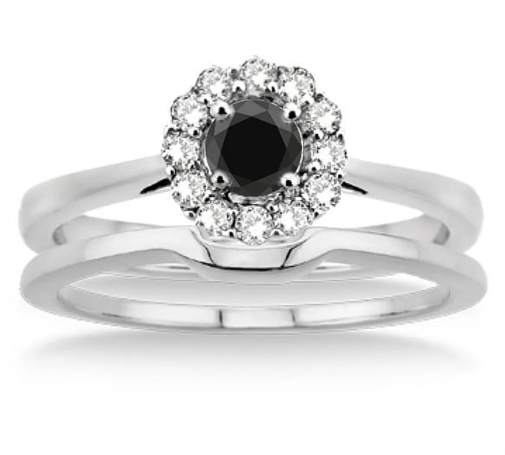 1.25 Carat Round Cut Black Diamond Moissanite Bridal Set Halo in 10K White Gold Z689