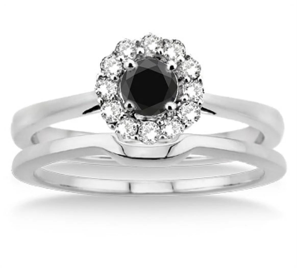 1.25 Carat Round Cut Black Diamond Moissanite Bridal Set Halo in 10K White Gold Z689