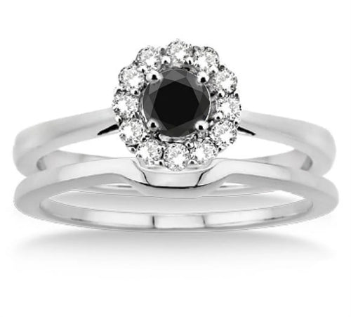 1.25 Carat Round Cut Black Diamond Moissanite Bridal Set Halo in 10K White Gold Z689
