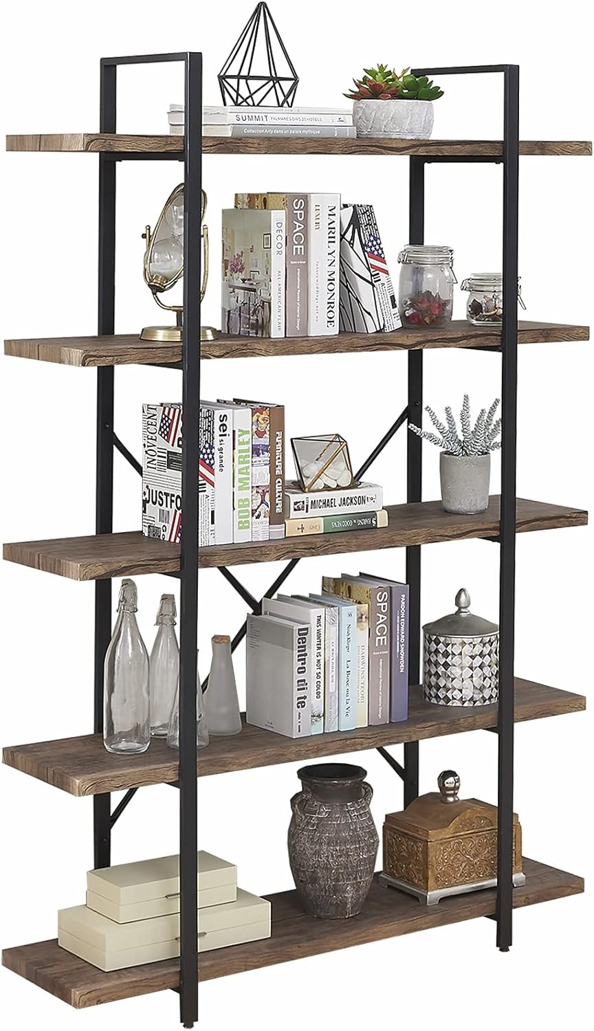 5-Shelf Industrial Bookshelf with Metal Frame, Distressed Brown B290788