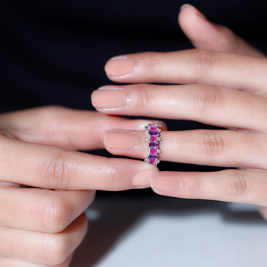 14K White Gold Pink Sapphire and Amethyst Ring with Diamond Y870