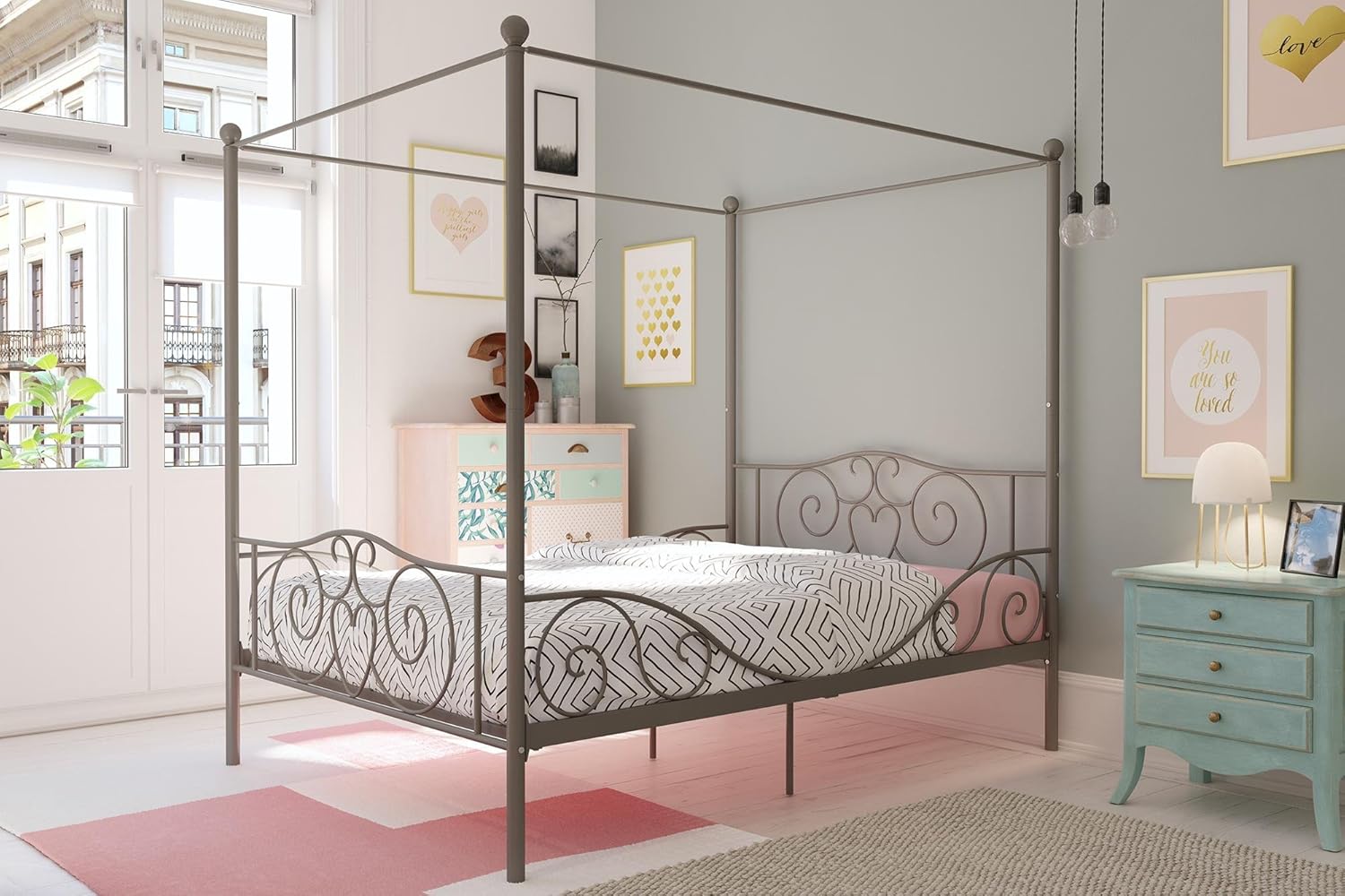 Twin Size Metal Canopy Bed with Bed Frame I846815