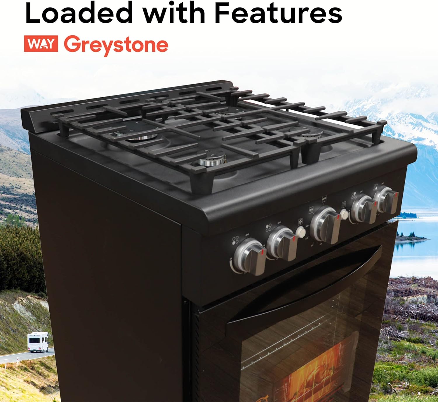 24 Inch Slide-In RV Gas Range with Oven, 4 Burners, Black D8858