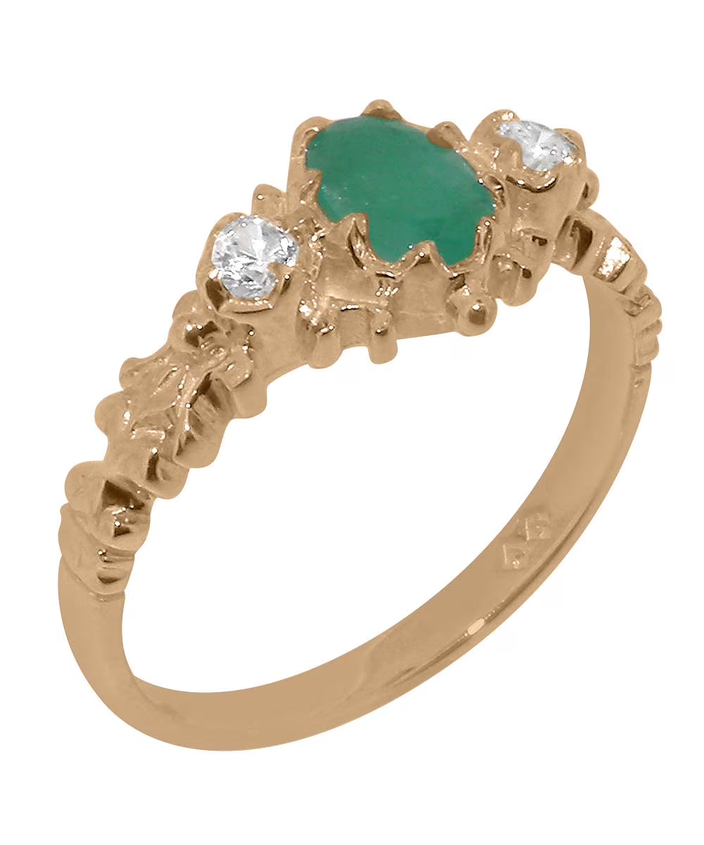 14k Rose Gold Natural Emerald & Diamond Ring R57150