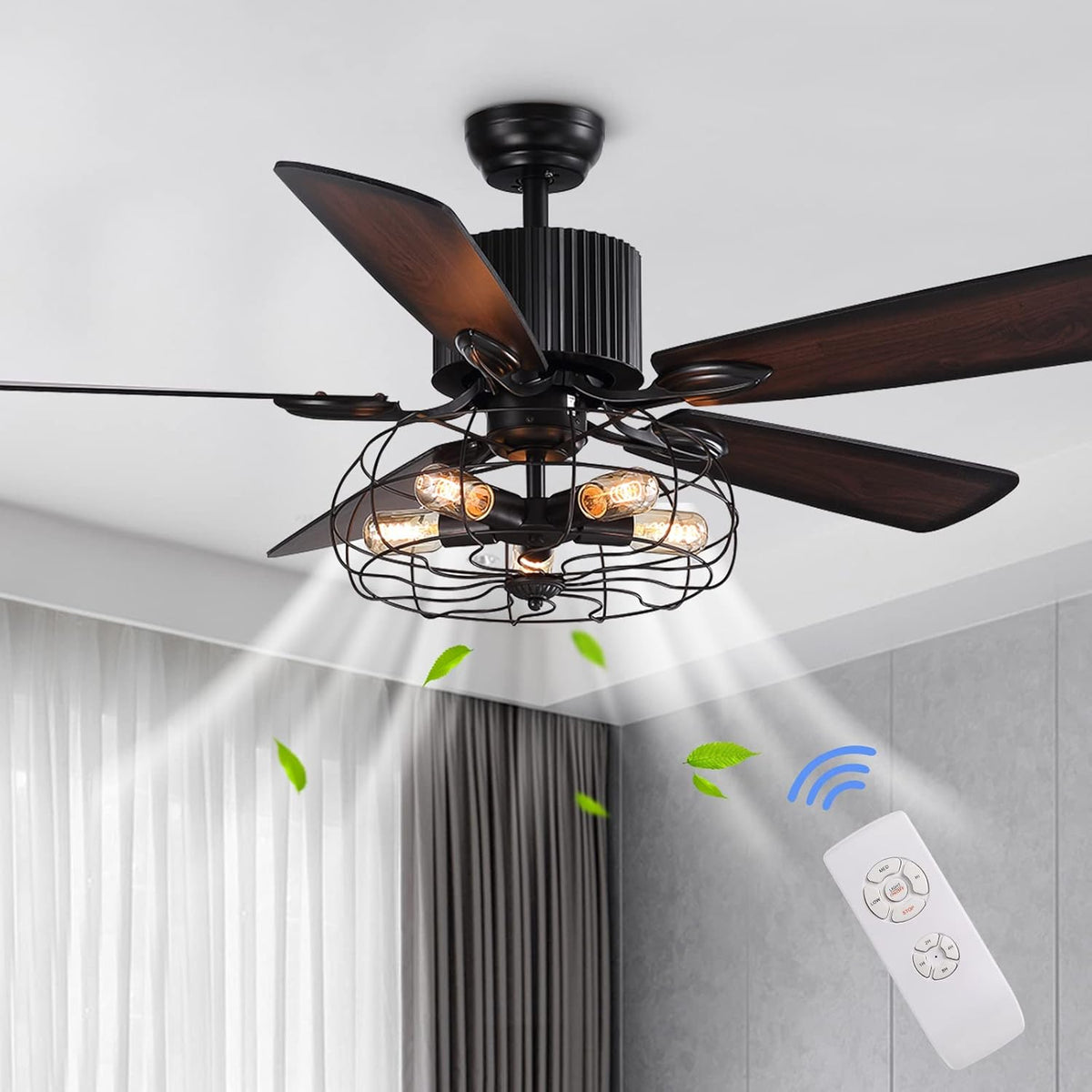 52 Inch Black Ceiling Fan with Lights Remote Control 5 Wood Blades M703666
