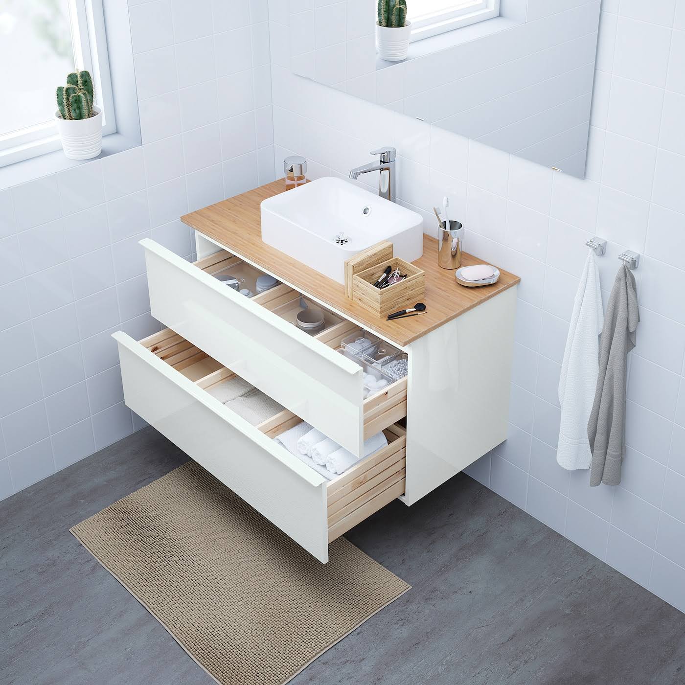 High Gloss White Sink Cabinet with 2 Drawers D8682