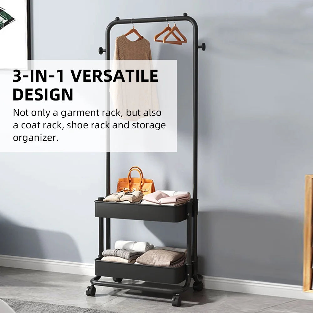 Black Movable Garment Rack with 2 Tiers Basket and 2 Side Hooks K265500