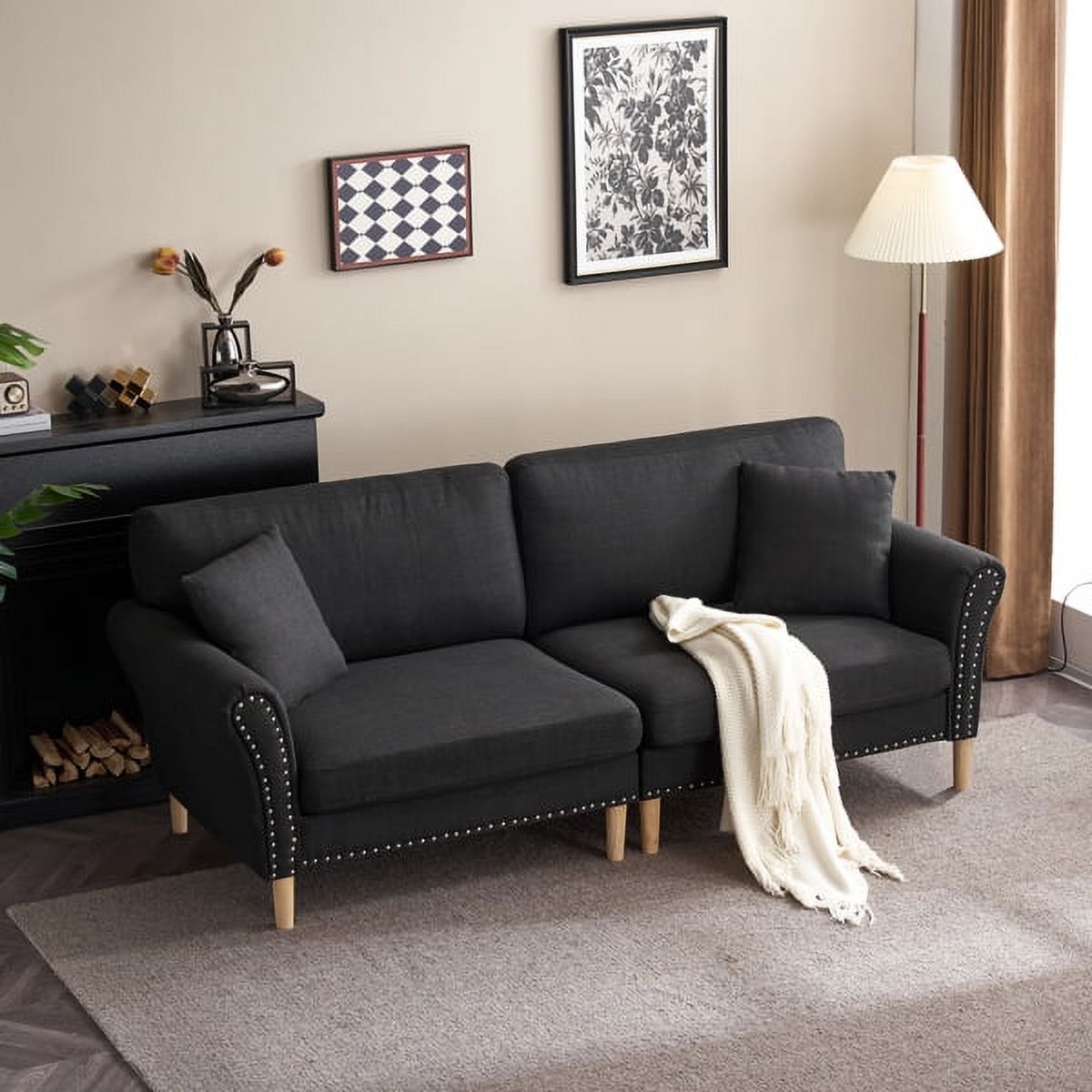 Black Upholstered 2-Seat Loveseat Sofa with 2 Pillows N986