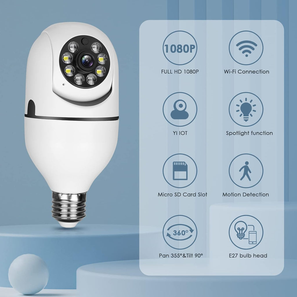 E27 Bulb 1080P Security Camera, PTZ 360 Degree Panoramic Wireless WiFi, Two Way Audio, 32G Memory Card Pack of 2 X2023