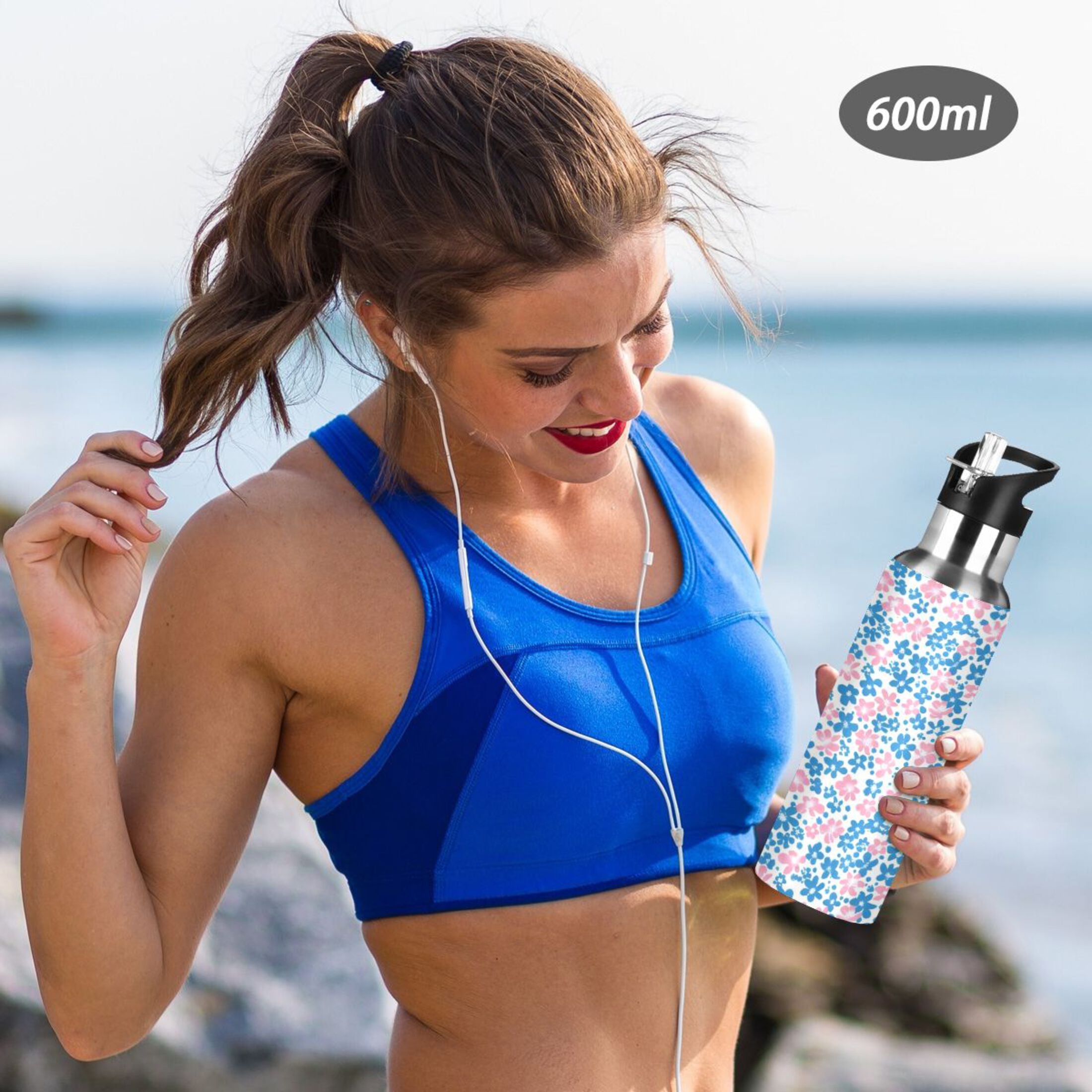 Pink and Blue Floral Insulated Stainless Steel Water Bottle with Straw Lid 20 oz W7784
