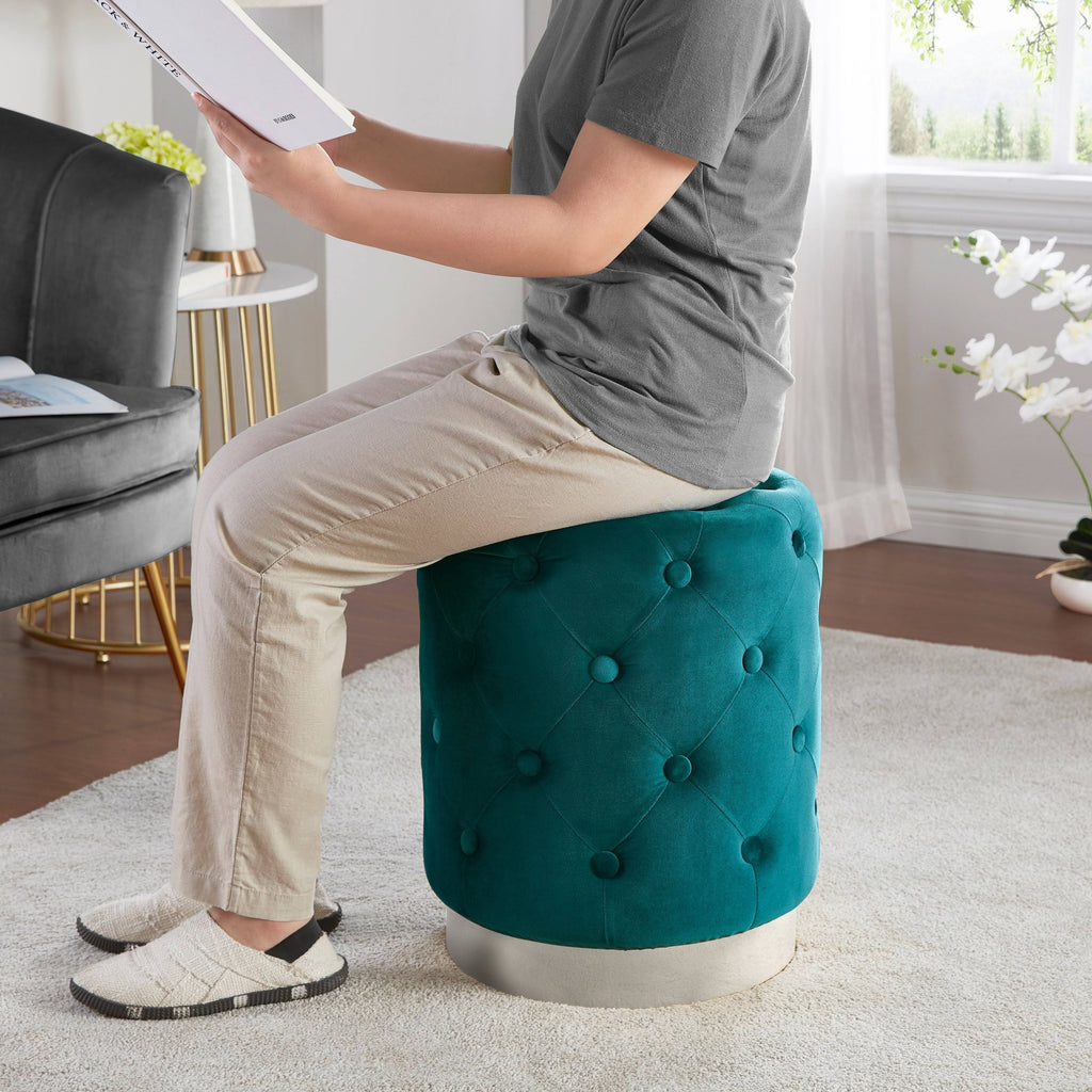 Teal Velvet Ottoman with Silver Metal Base O855