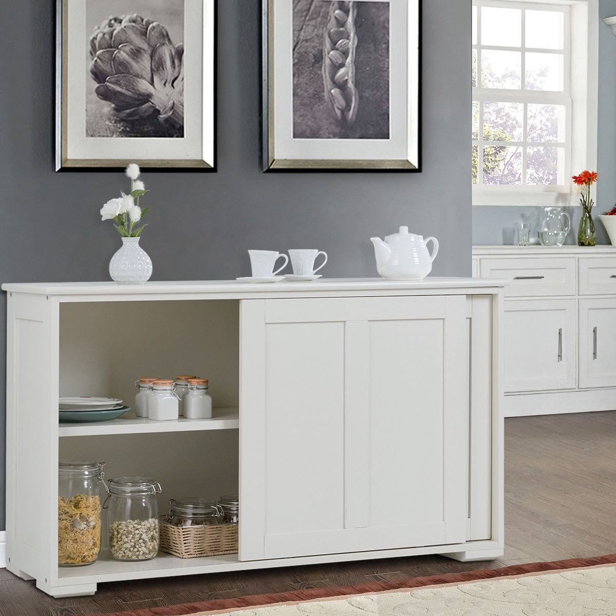 White Kitchen Storage Cabinet with Sliding Door N2654