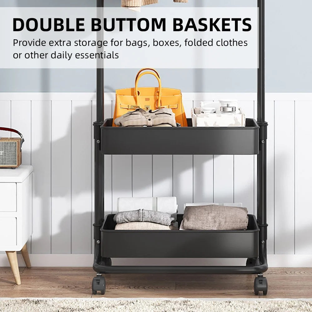Black Movable Garment Rack with 2 Tiers Basket and 2 Side Hooks K265500