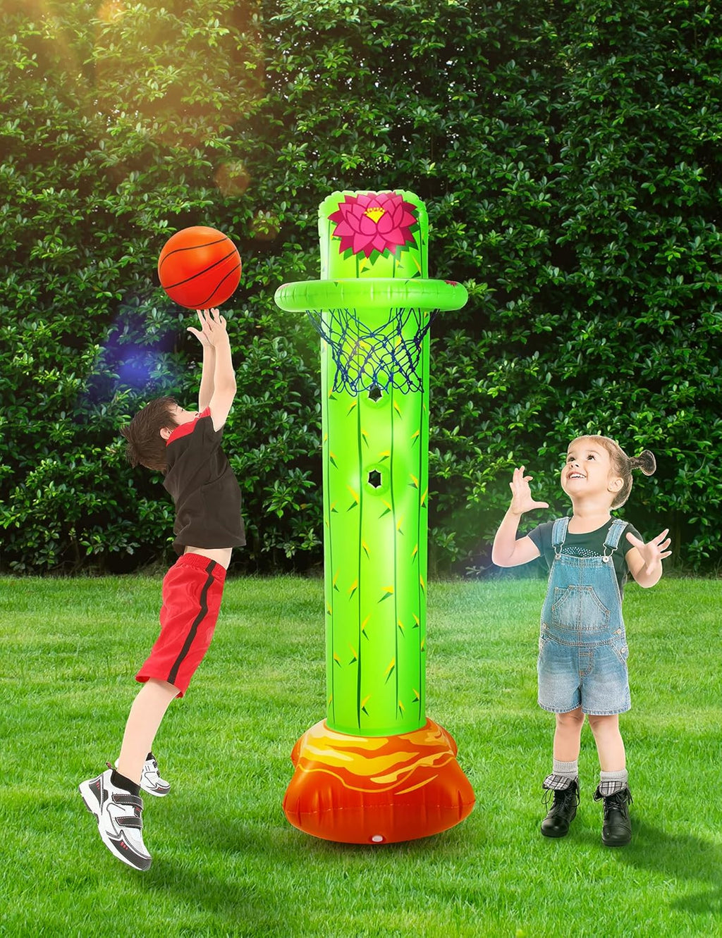 Inflatable Cactus Basketball Set with 2 Balls, Height-Adjustable Basket 3ft – 5ft Q6650
