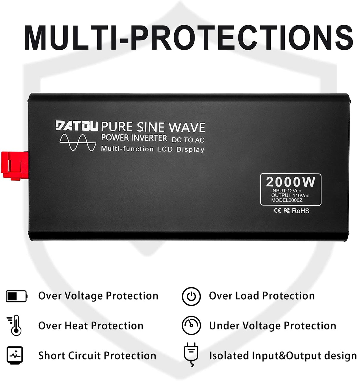 2000W Pure Sine Wave Power Inverter DC 12V to 110V AC Dual AC Outlets with Remote Control & LCD Display E531