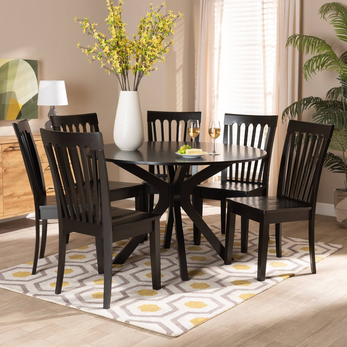 7-Piece Dark Brown Wood Dining Set J6118