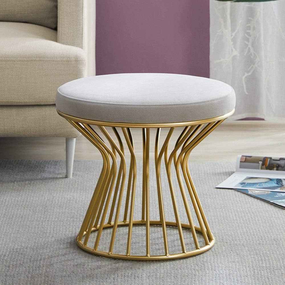 Gray Velvet Ottoman Footrest with Gold Metal Base Y95579