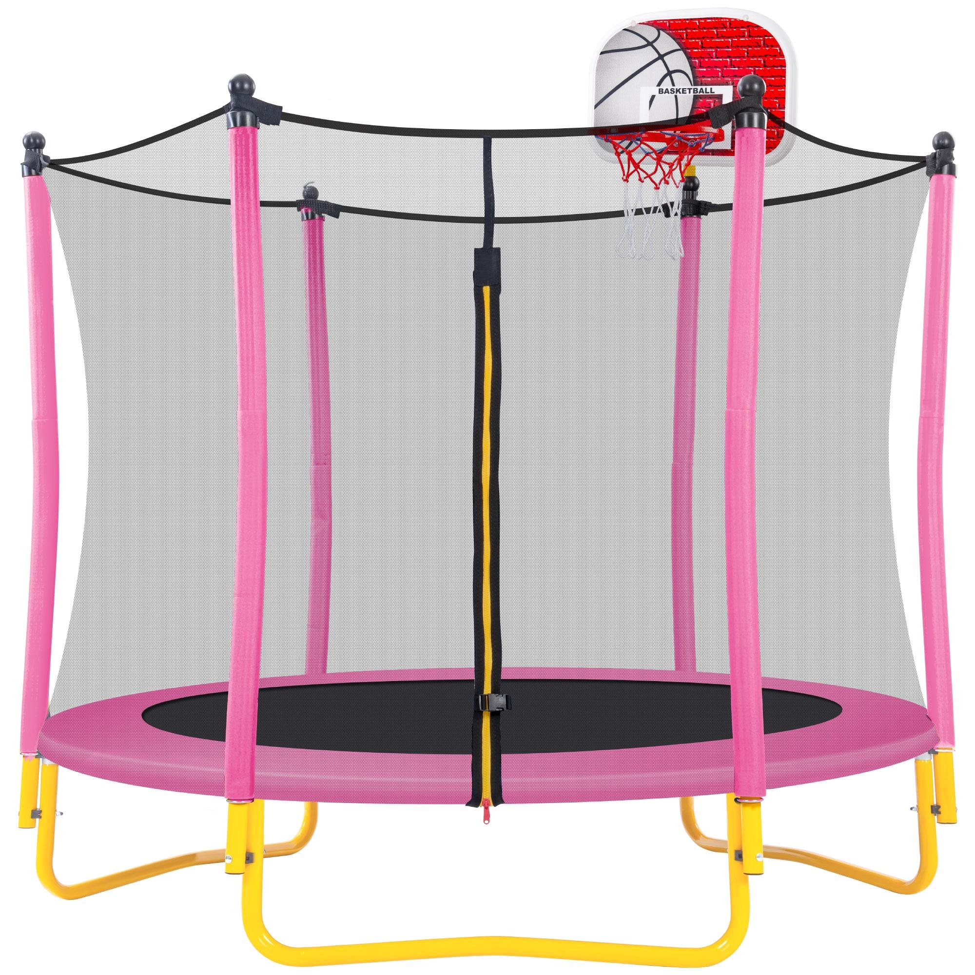 Pink Round Mini Toddler Trampoline with Enclosure and Basketball Hoop K67051