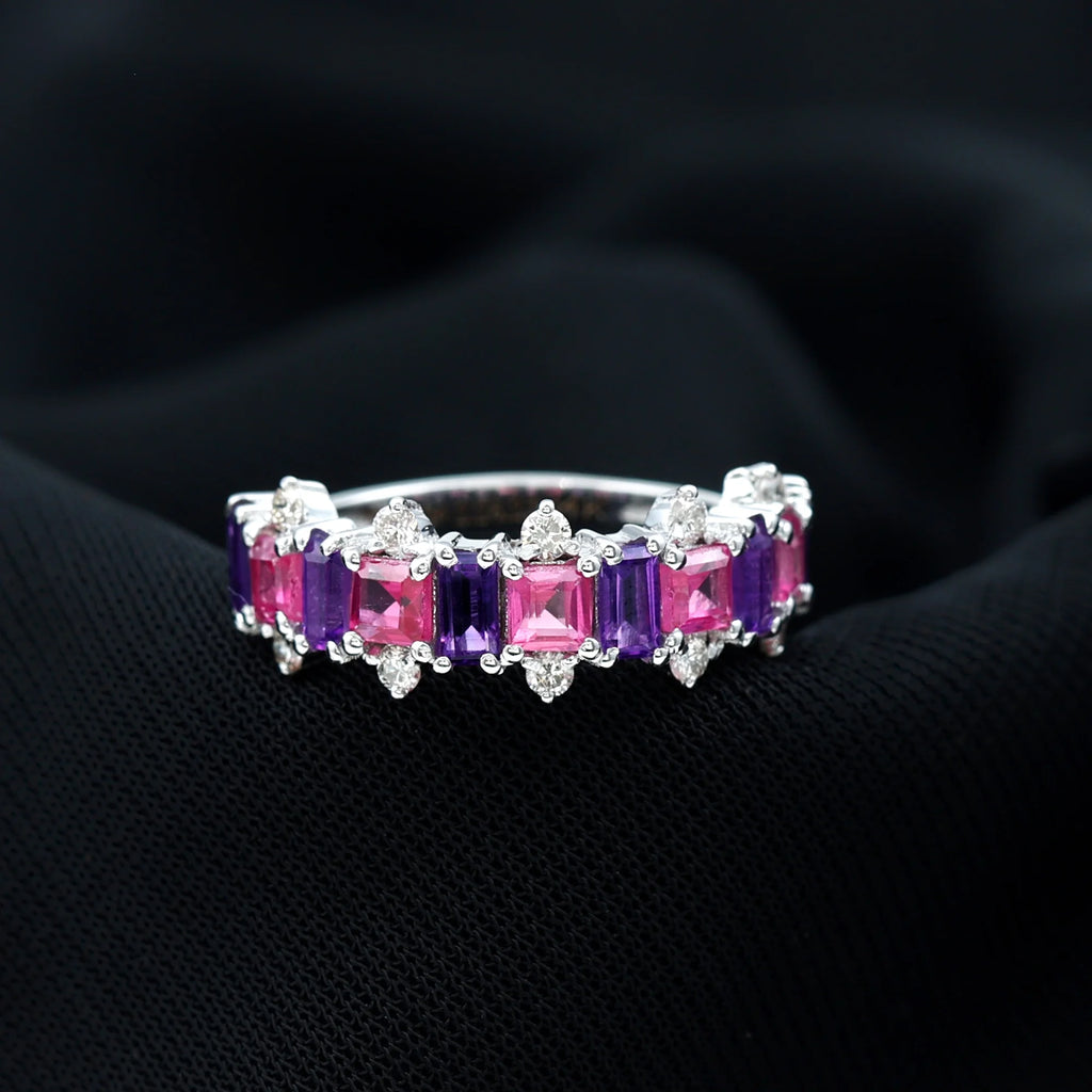 14K White Gold Pink Sapphire and Amethyst Ring with Diamond Y870