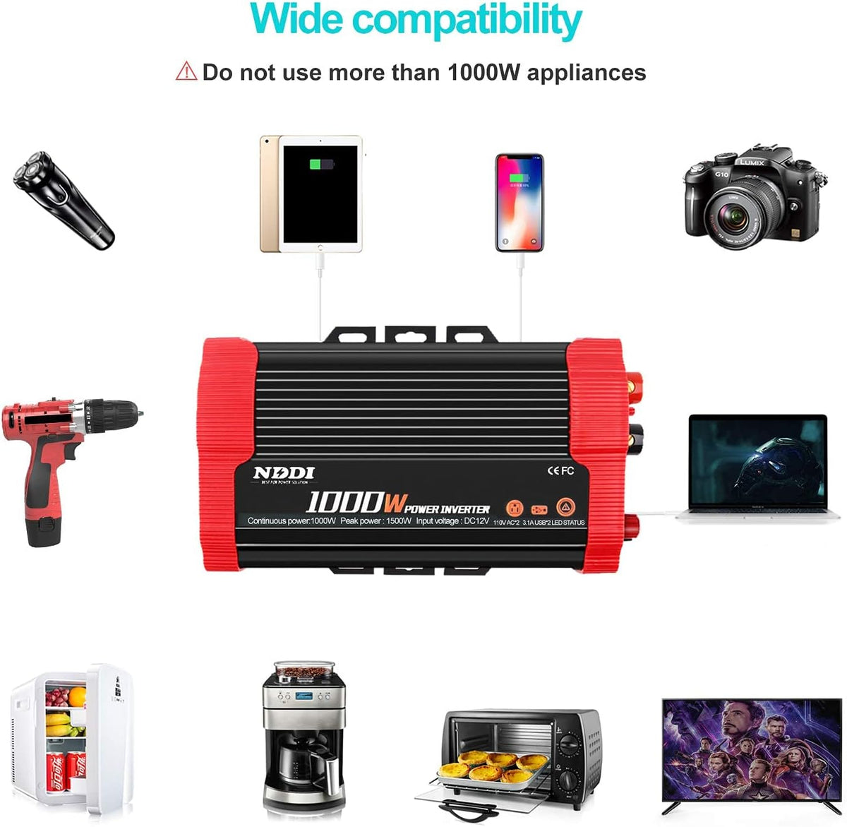 1000W Car Power Inverter 12V DC to 110V AC Converter Dual AC Outlets 3.1A USB Port Pack of 2 V7834