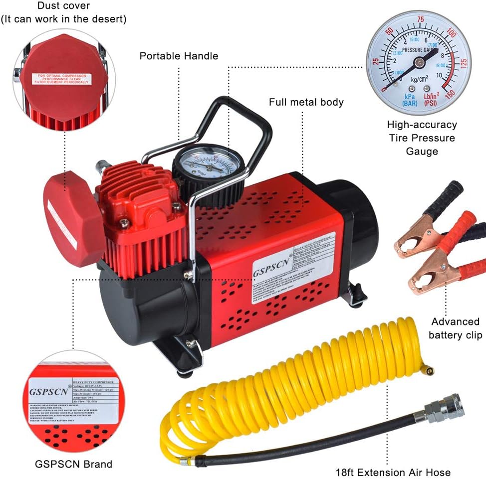 Portable 12V Air Compressor Pump, 150PSI Red Tire Inflator G49281
