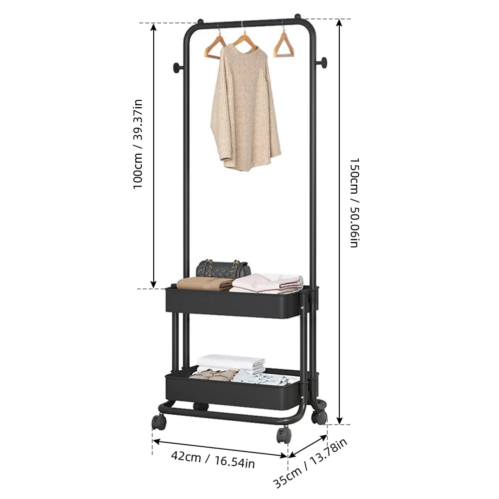 Black Movable Garment Rack with 2 Tiers Basket and 2 Side Hooks K265500