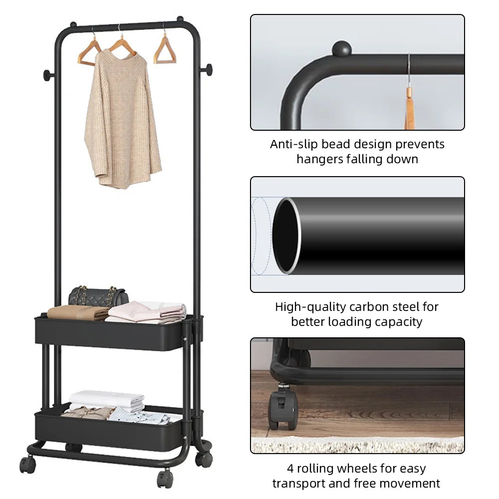 Black Movable Garment Rack with 2 Tiers Basket and 2 Side Hooks K265500