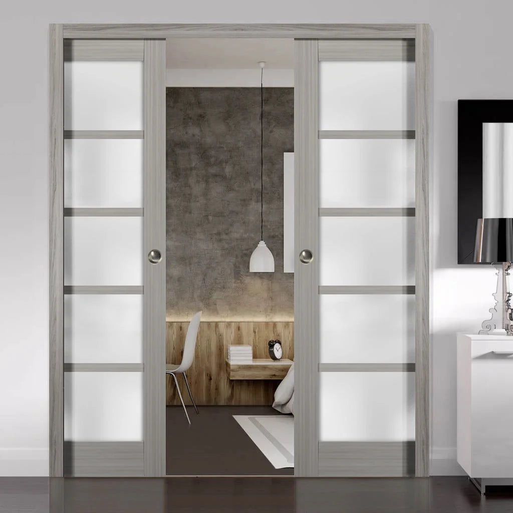 Sliding French Double Pocket Doors 36 x 80 inches Frosted Glass Solid Wood B859841