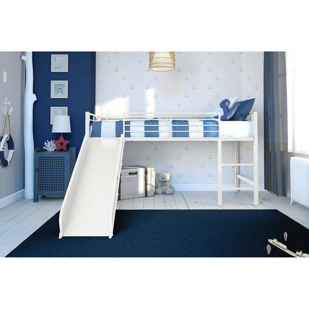 White Metal Loft Bed with Slide H815704
