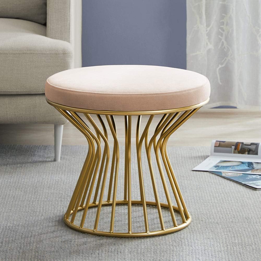 Gray Velvet Ottoman Footrest with Gold Metal Base Y95579