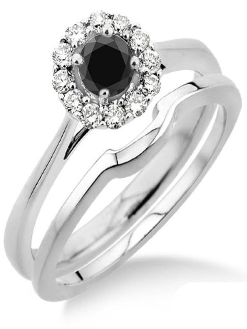 1.25 Carat Round Cut Black Diamond Moissanite Bridal Set Halo in 10K White Gold Z689