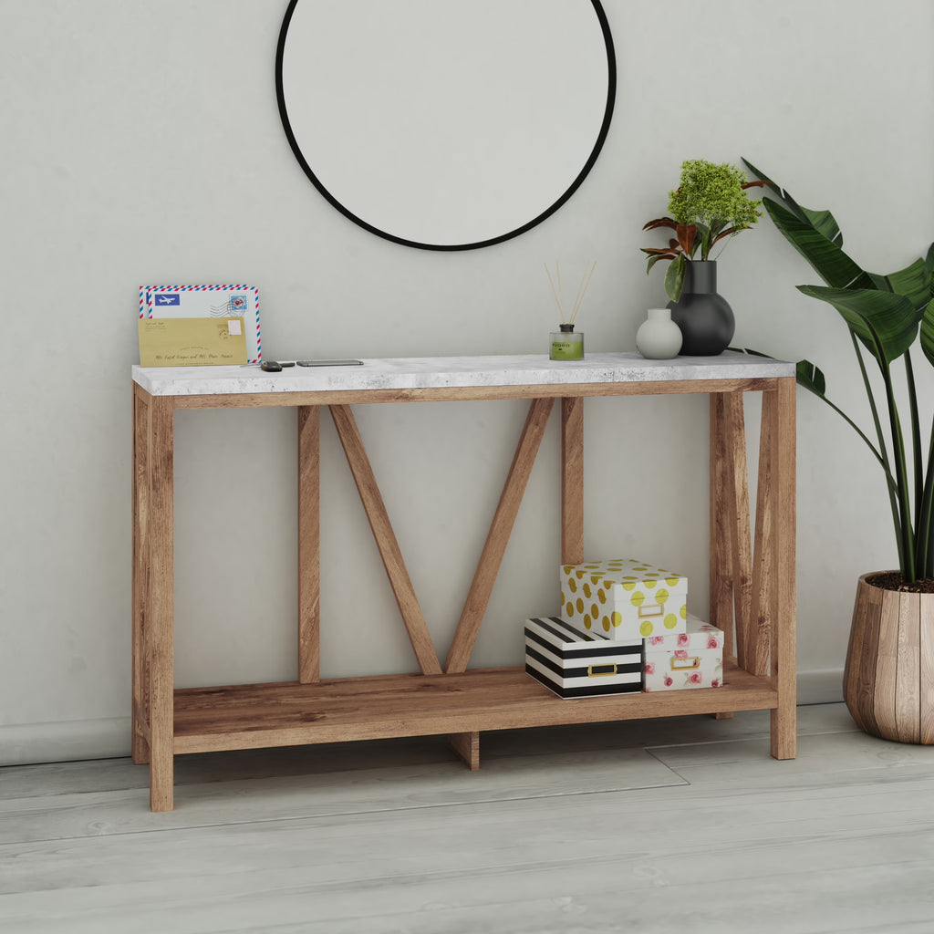 Warm Oak Console Accent Table with Faux Concrete Finished Wood Top R833